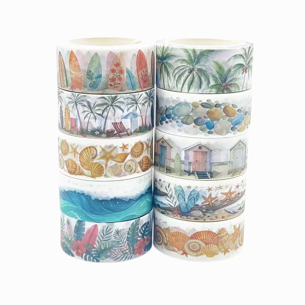 TEMU Ins-style Summer Beach Washi Tape, Watercolor Waves And Collage Tape, Artistic Handmade Decorative Material