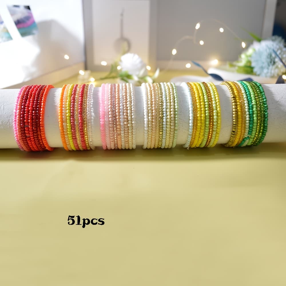 TEMU 51pcs/40pcs/42pcs Bohemian Style Set Handmade Rice-shaped Beads Stringed Beads Bracelet-women's Stretch Design| Perfect For Vacation And Party Accessories