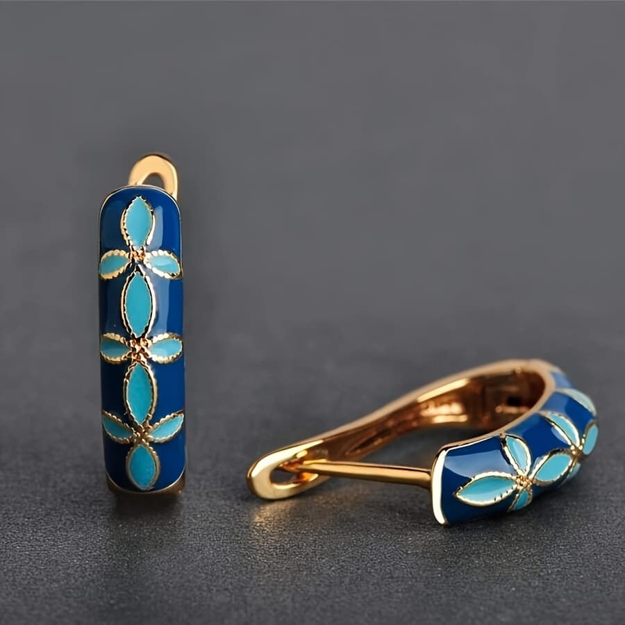 TEMU Luxurious Vintage Enamel Copper Hoop Earrings 1 Pair - Elegant Retro Style With Golden-tone Accents, Copper- Ideal For Gifting & Vacation Wear, Novelty Earrings