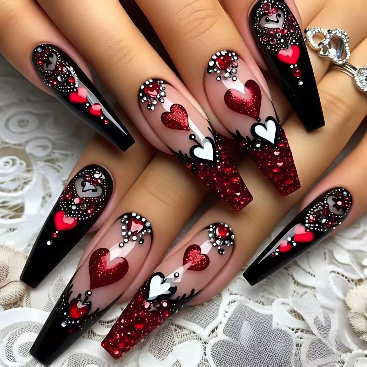 TEMU 48pcs Medium-length Ballet Nails For Valentine's Day, Festive With Glitter And Red Heart Patterns, Suitable For Romantic Dates And Parties