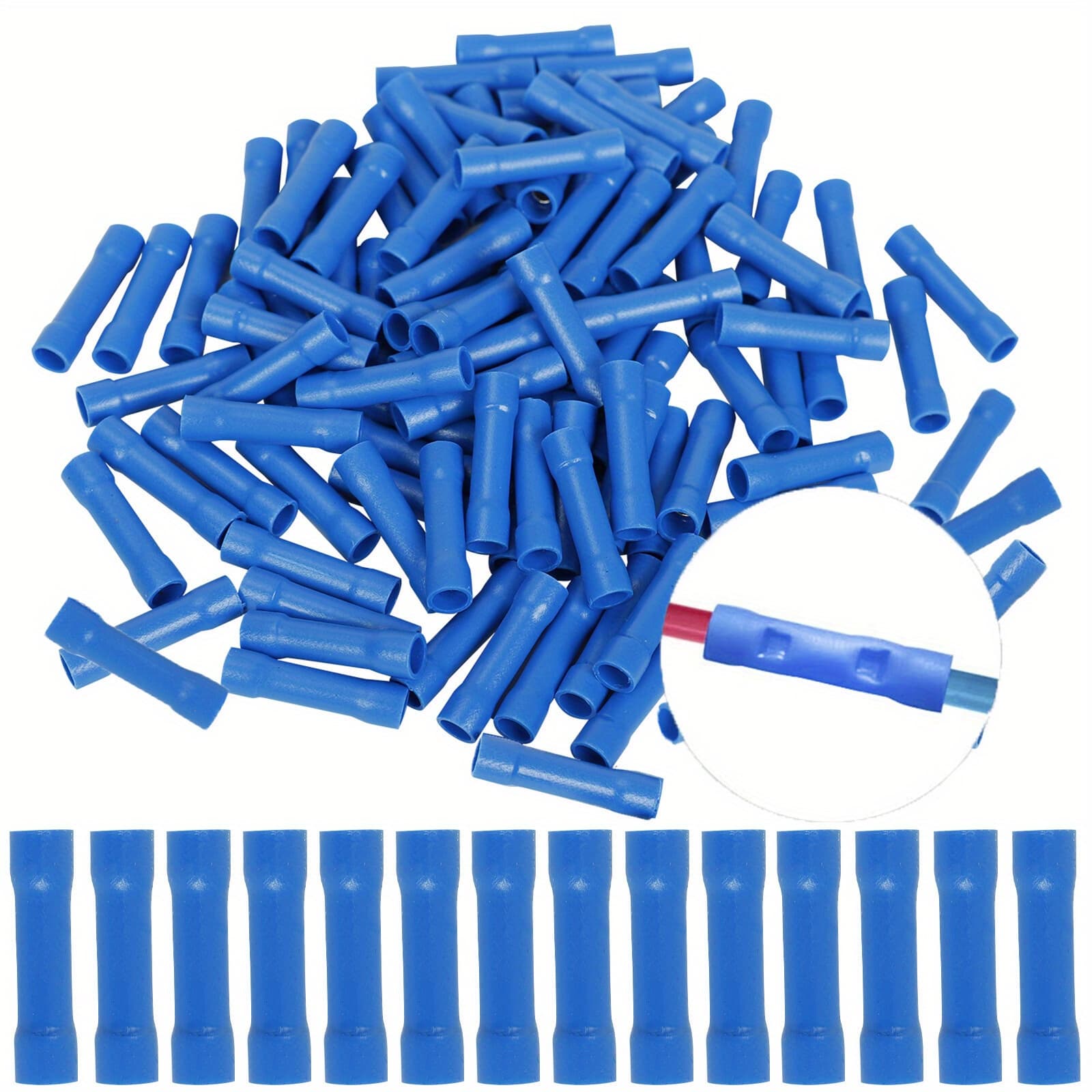 TEMU 100pcs Of Blue Vinyl Butt Connectors For Car Audio Or Alarm Wires, Suitable For 16-14 Awg Gauge Terminals