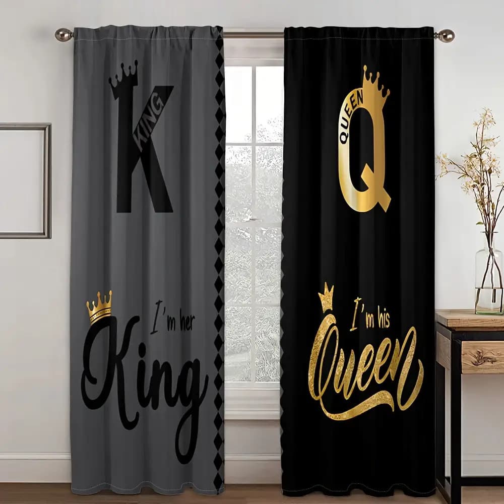 TEMU 2d Flat, 2dflat Printing2pcs, King And Queen Black Text And Art Design, Abstract Modern Art Digital Printed Living Room Curtains, Rod Pocket Curtains Living Room Furniture Decoration, 2d Flat