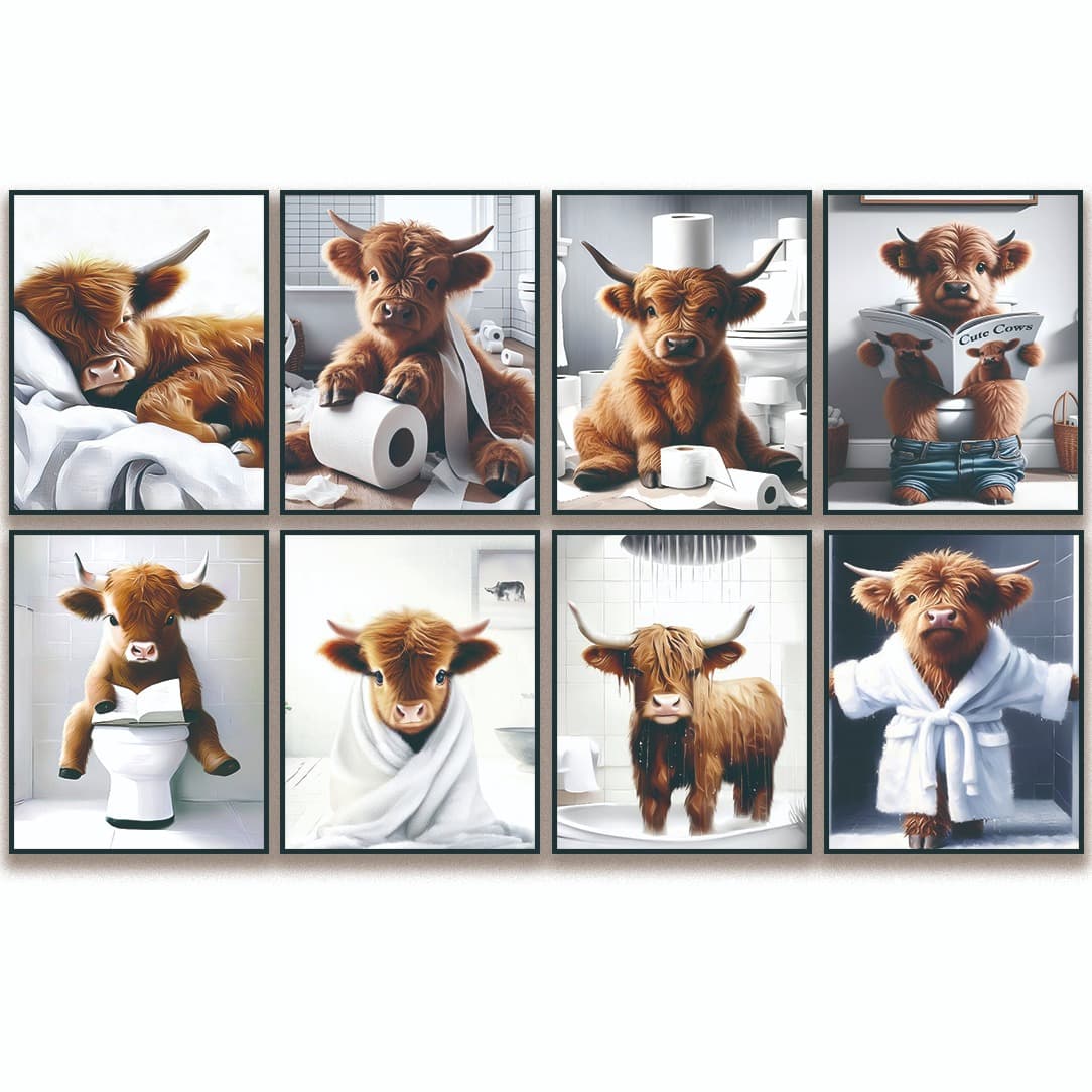 TEMU 2d Flat, 2d Flat, No Frame 8pcs Bathroom Highland Cow Art Prints, Cow Funny Bathroom Decor Wall Art, Rustic Farmhouse Bathroom Wall Decor, Funny Bathroom Signs Animal Poster 8x10inch