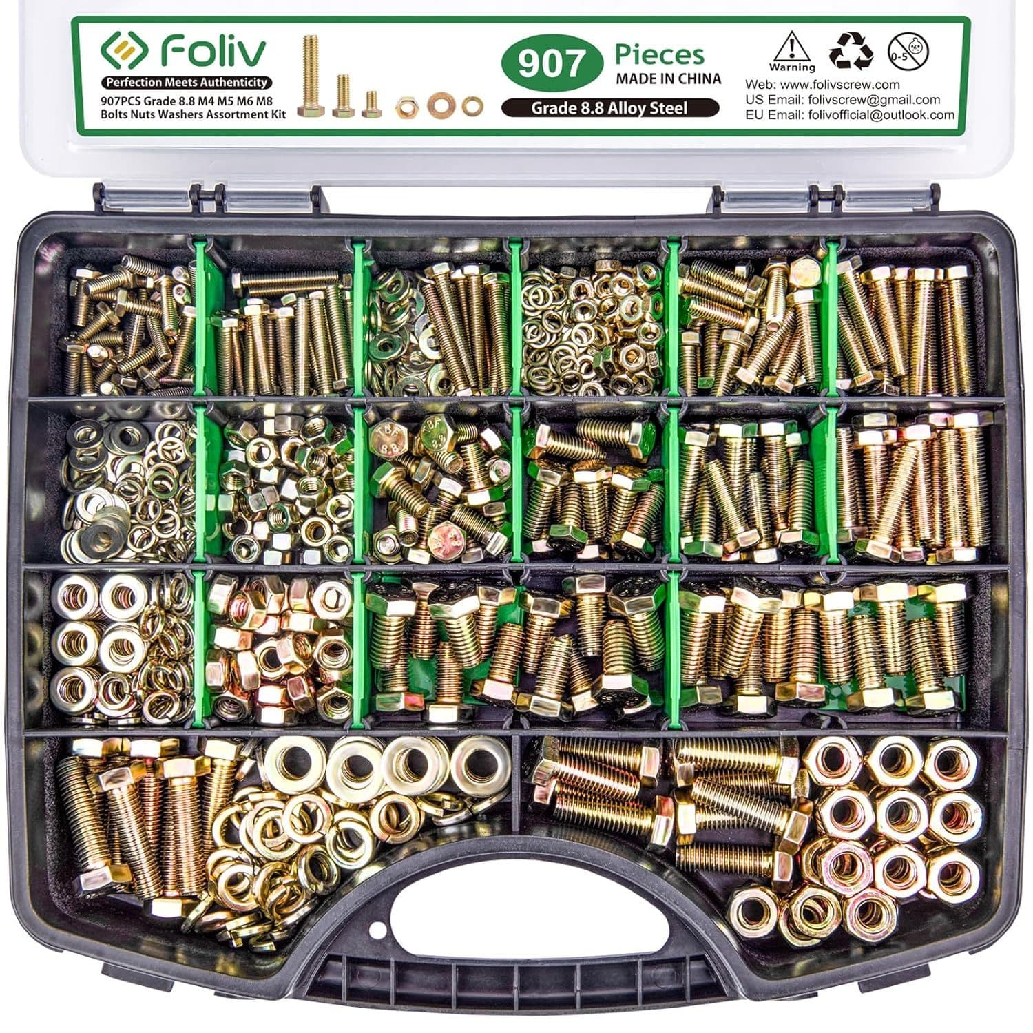 TEMU 907pcs Metric Bolt Assortment, M4 M5 M6 M8 Heavy Duty Bolts And Nuts Kit, Yellow Plated, Length From 12-30mm thumbnail 2