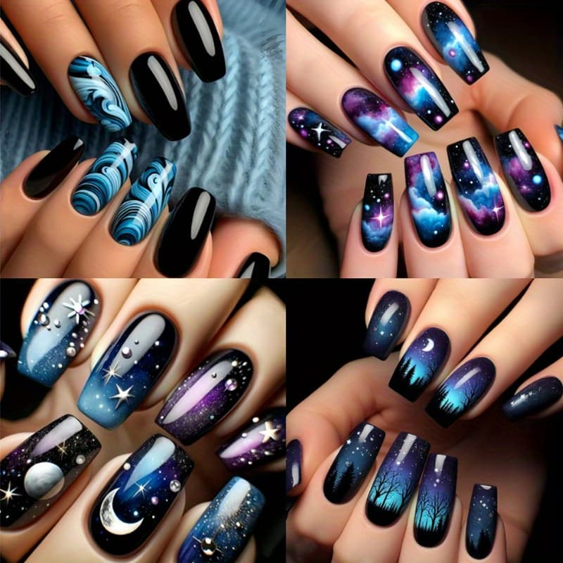 TEMU 96pcs(4 Pack) Celestial Nail Art Stickers, Long Square Shape, Glossy End, Blue& Purple Tones, Star And Moon Patterns, Removable Pre-designed Naildecals In Black