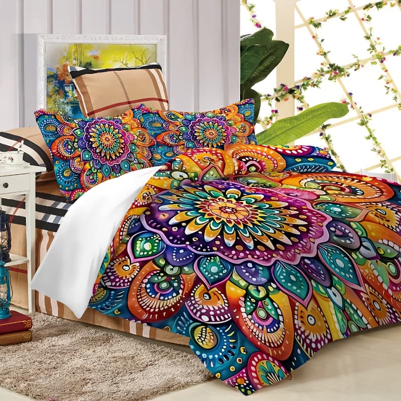 TEMU 3pcs Quilt Cover Set. 1 Quilt Cover And 2 Pillow Covers. Colorful Mandala Art Pattern Print. Fullqueenking. Suitable For . Farmhouse Bedspread Set(1)