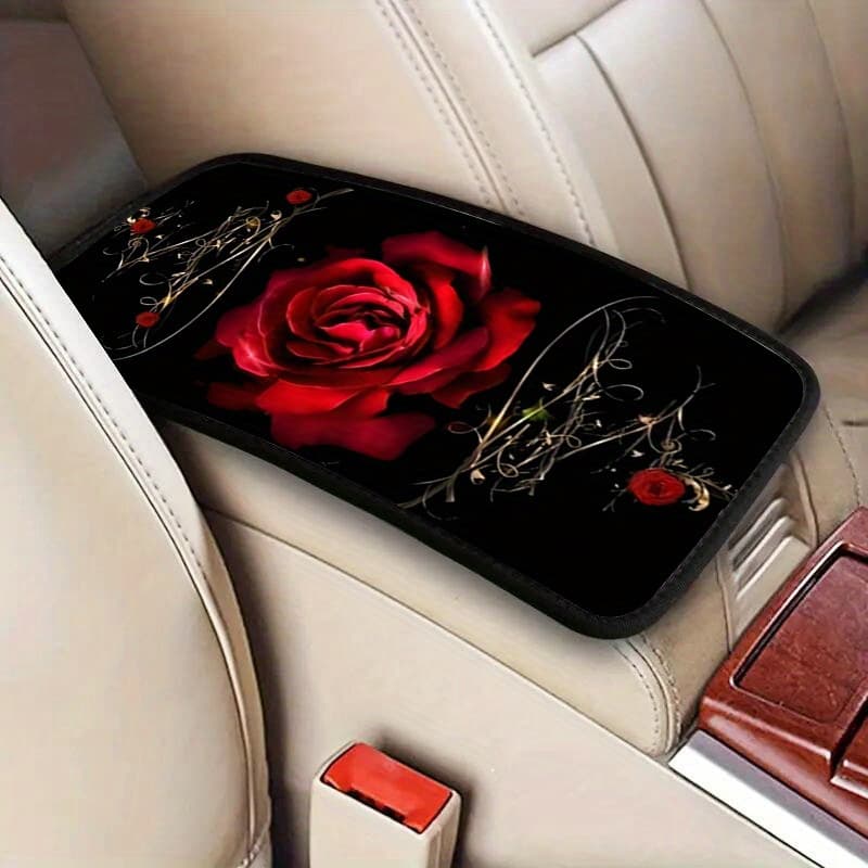 TEMU 1pc, Red Car Armrest Pad - Comfortable Center Console Mat With Floral Pattern, Suitable For Cars, Sedans, Suvs, - Durable, Non-slip Interior Accessory