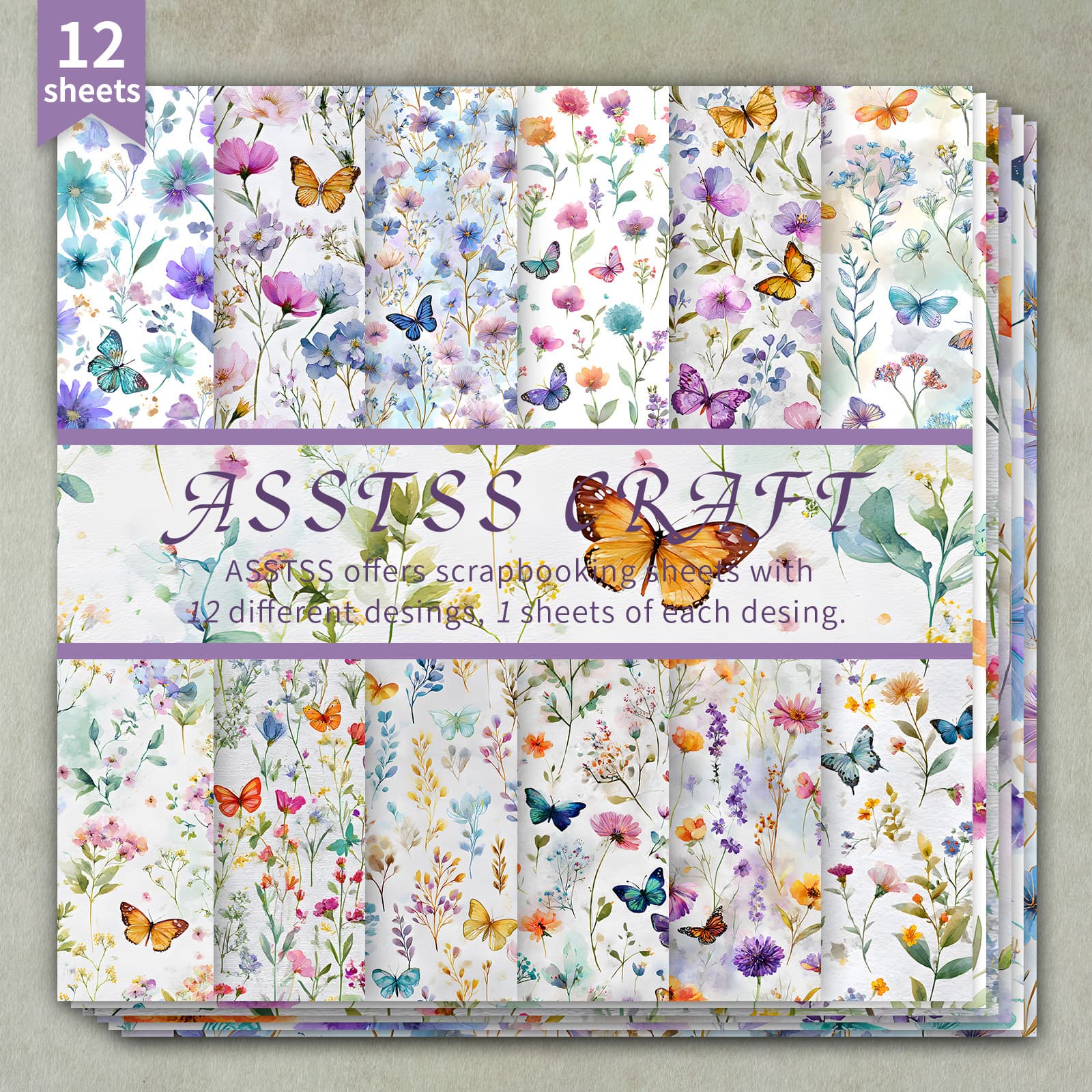 TEMU 12-sheet Asstss 6x6 Inch Scrapbooking Paper Pad, Wildflowers Butterflies Watercolor Style Backing Paper Supplies, Heavyweight Cardstock For Journaling, Collage Art, And Crafts, 6"x6" Pack