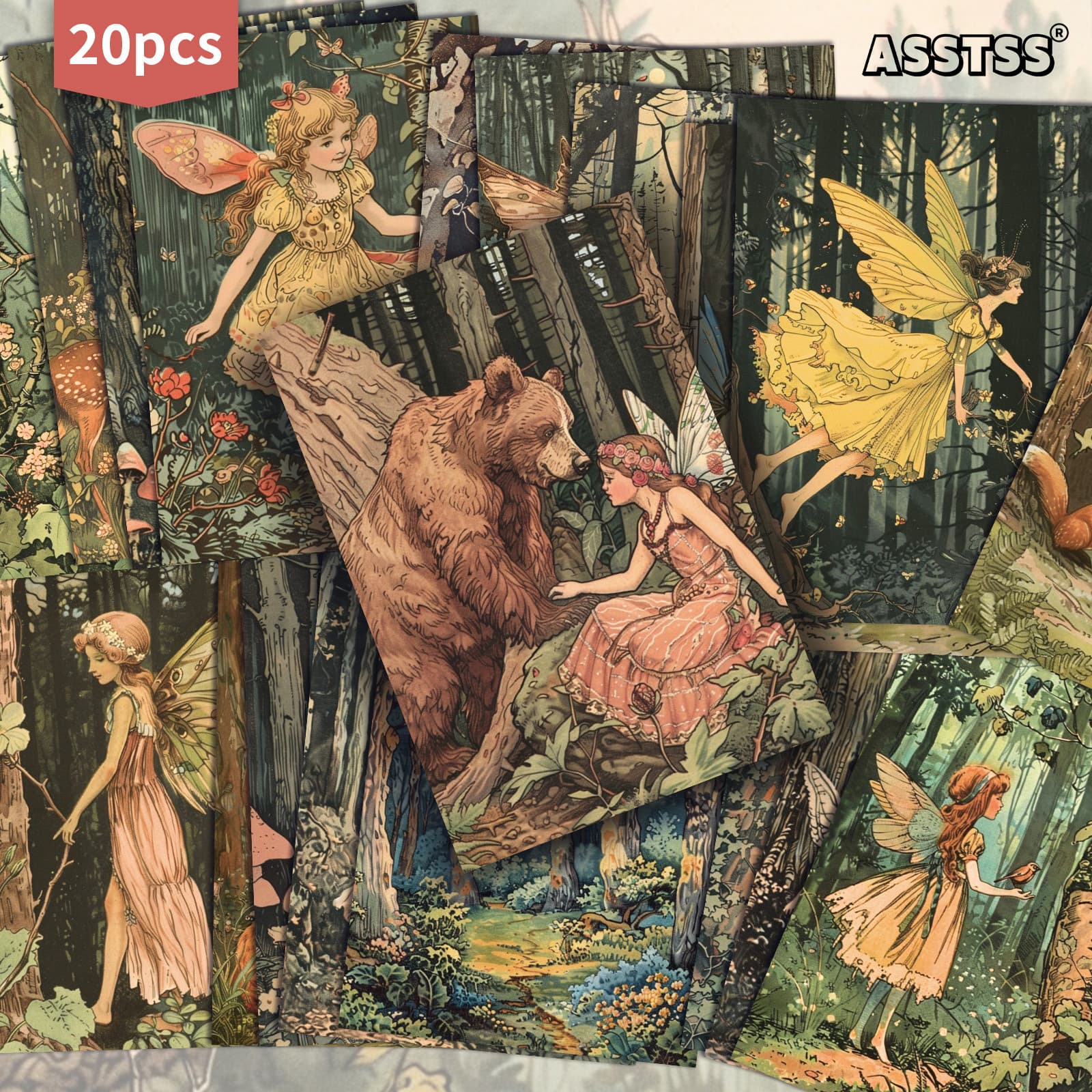 TEMU 20-pack Asstss Retro & Animal Gift Cards - Vintage Pinup Illustration Cards With -tale Creatures, Collectible Papers Suitable For Crafting, Junk Journals & Albums