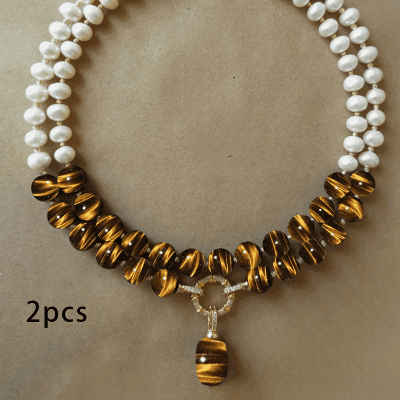 TEMU A Stylish And Chic Necklace Set Featuring 2 Pieces, With Natural Tiger Eye Stones And A Shell Bead Pendant. An Ideal Present For Valentine's Day, Perfect For Everyday Wear And Special Occasions