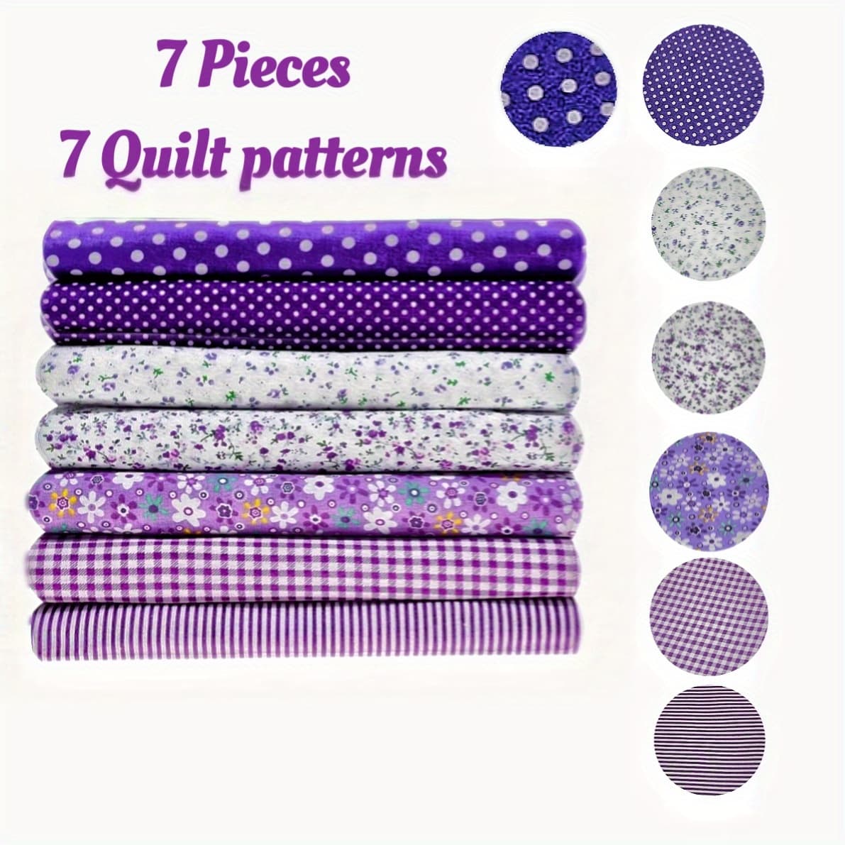 TEMU Purple-themed 7pcs 19.7inch X 19.7inch (50 X 50cm) Floral Polka Dot Assorted Pre-cut Quarter Bundles - Hand-washable Quilt Fabric, Suitable For Sewing, Quilting, And