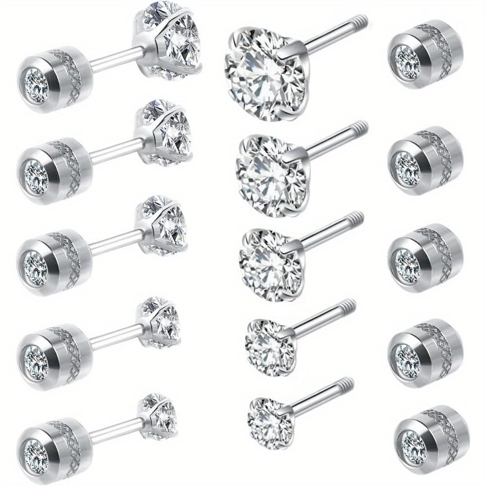TEMU Set Of 5 Screw-back Stud Earrings Designed For Sensitive Ears, Featuring Double-sided Round Cubic Made Of, Suitable For Women And Men