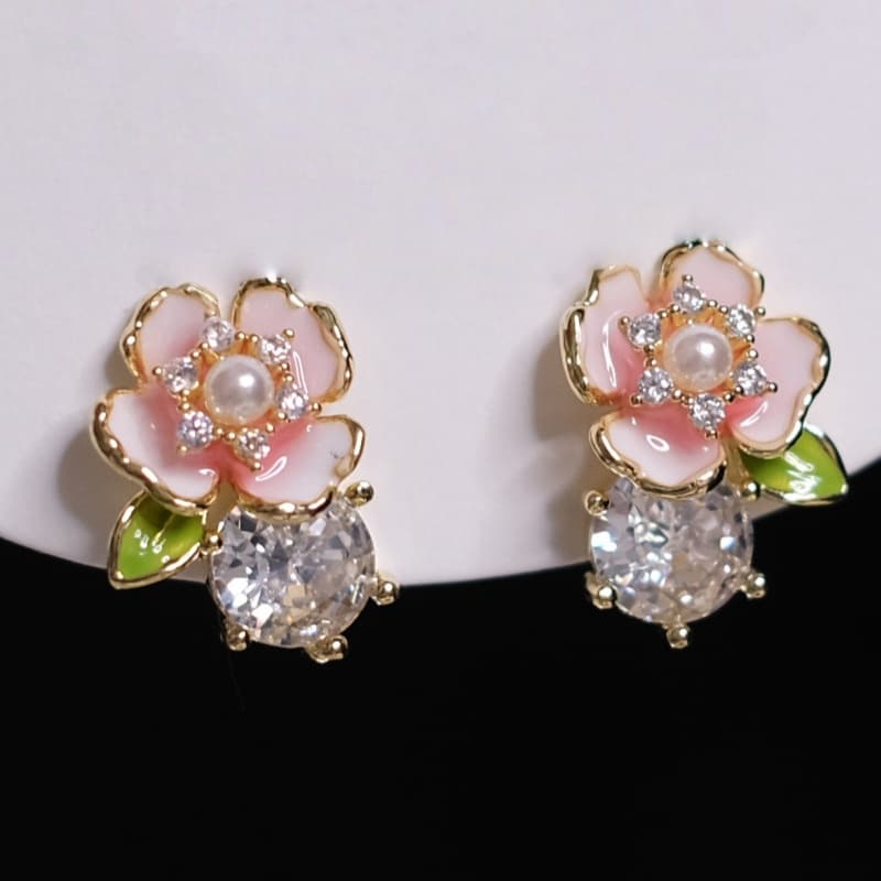TEMU Exquisite Enamel Green Leaf Pink Flower Stud Earrings Inlay Circle Synthetic Zirconia For Women Vacation Banquet Elegant Earrings Jewelry Gift