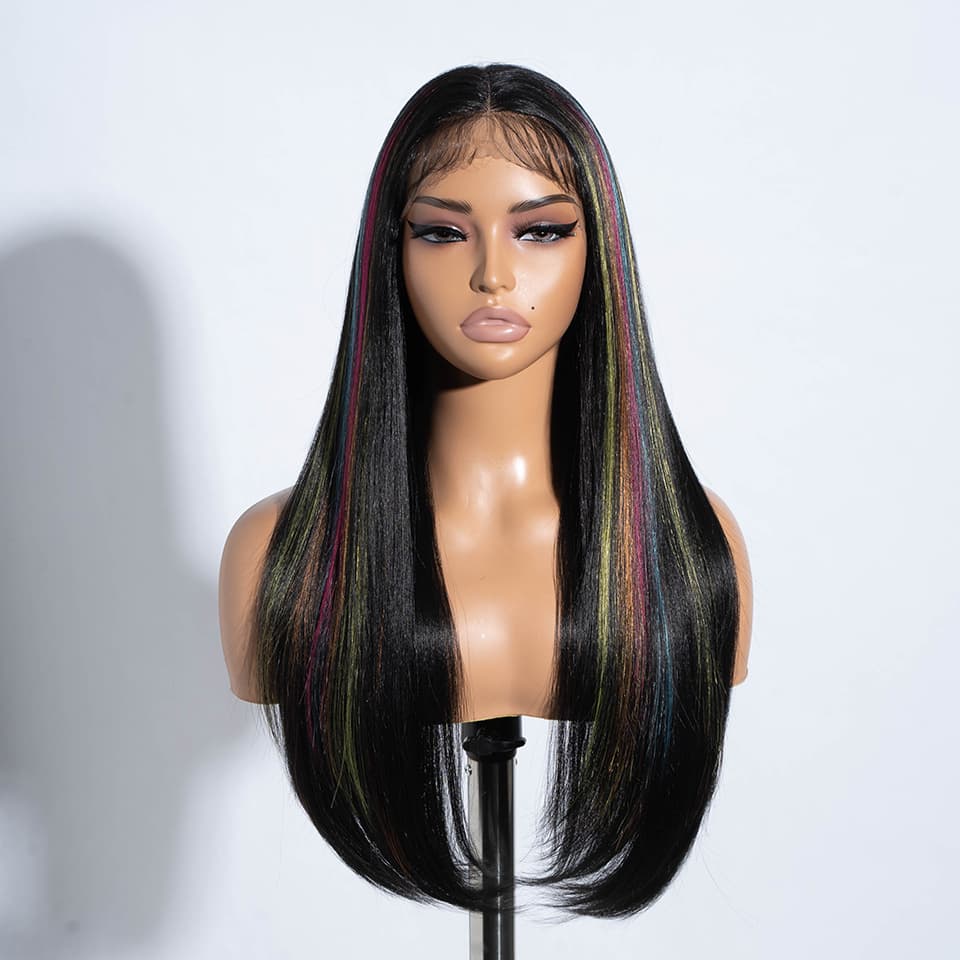 TEMU 20 Inch Long Straight Hair Synthetic Lace Front Wigs For Women Black Color Red Yellow Highlights Suitable For Daily Party High Temperature Fiber