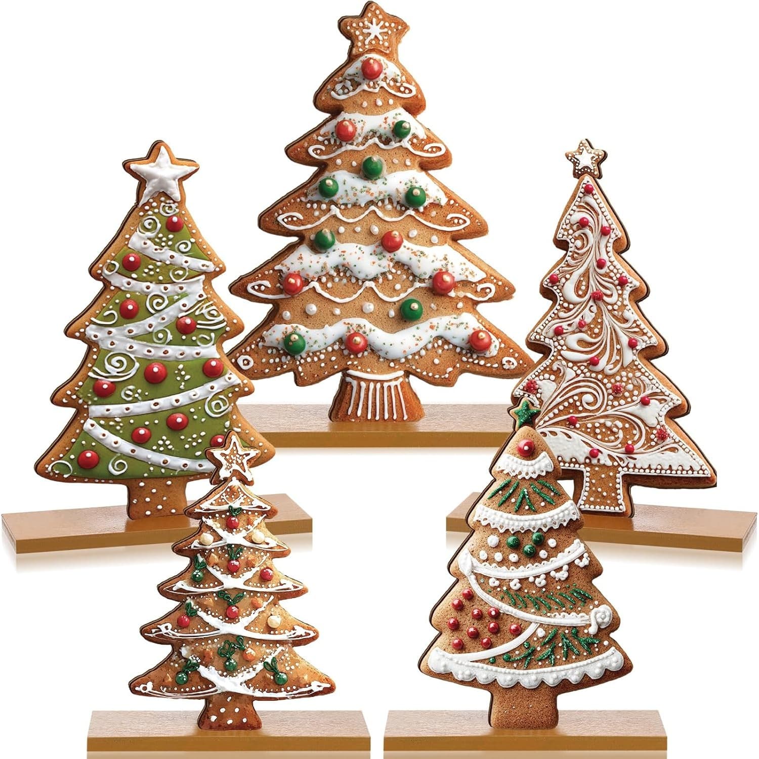 TEMU 5pcs Artificial Gingerbread Christmas Tree Centerpiece With Base - Pre-assembled Table Decor, Tiered Tray Decorations Suitable For Home, Kitchen, Shelf - Durable & Easy Assembly