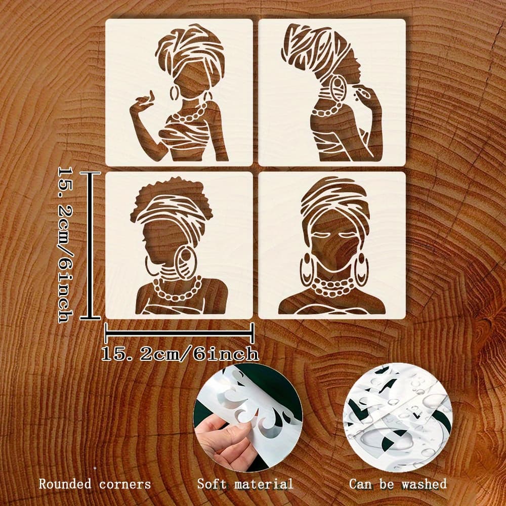 TEMU 4pcs 6 By 6 Inch African Woman Stencil, Reusable Decorative African Primitive Tribe Women Miss Print Plate. Diy Painting