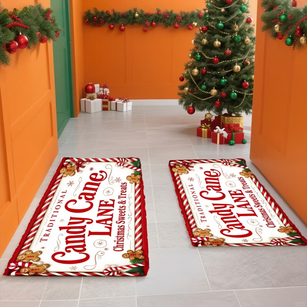TEMU 1/2/3pcs Entrance Mat, Festive Welcome Rug For Christmas, Soft Flannel Mat For Kitchen, Decoration For Entryway, Kitchen, Bathroom, Candy Cane Christmas Design