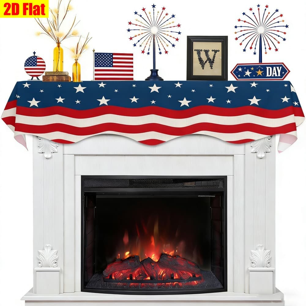 TEMU American Flag Table Runner & Fireplace Mantel Cover - Rectangular Suitable For With.. Flag, 19.6 X 78.7 Inch, For Mantle Scarf, Fireplace Cover, Table Runner For Day Party Decor, 2d Flat
