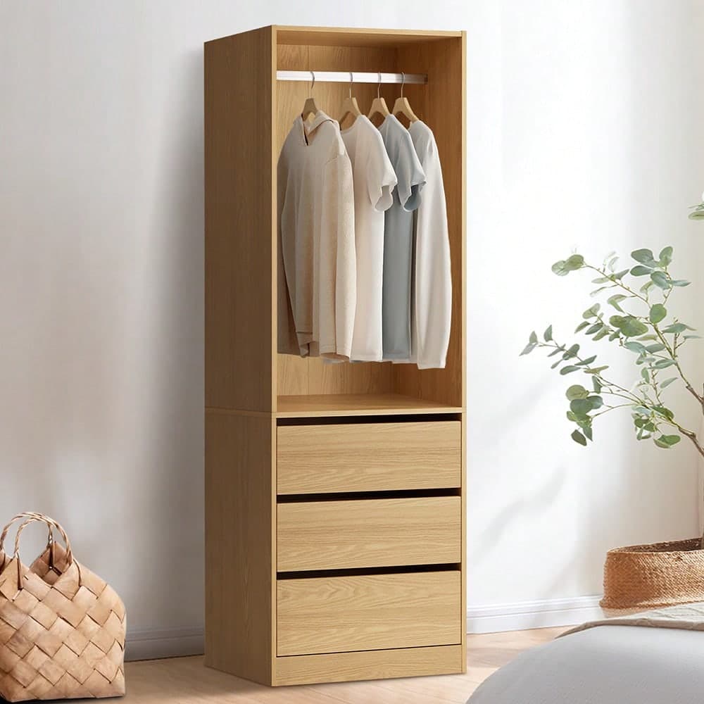TEMU Modern Wardrobe Closet Organizer With 3-drawer Storage Cabinet & Hanging Rail Shelf - Freestanding Dresser Suitable For Small Spaces, Assembly, Expandable Unit - , Particle Board Frame ()