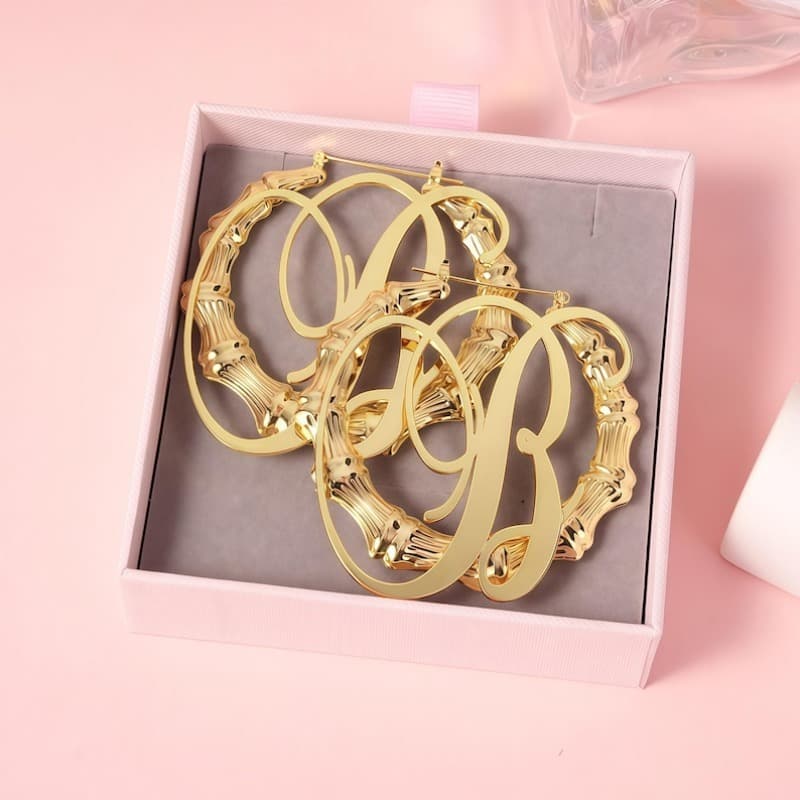 TEMU ( Initial & Name Bamboo Earrings - Cursive/block Letters, 60mm Hoops, Hoops For Women, Durable Jewelry Gift For Christmas, Birthdays, Parties) - Wear)