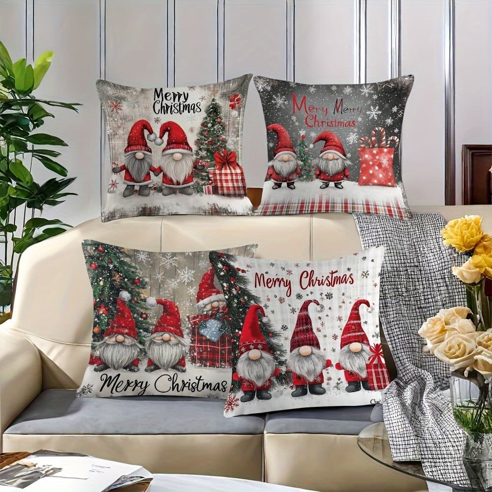 TEMU Set Of 4 Retro Gnome-themed Christmas Pillow Cases With Zippers, Showcasing Santa, Snowflakes, And Holiday Decorations Suitable For The Living Room, Bedroom, Or Office