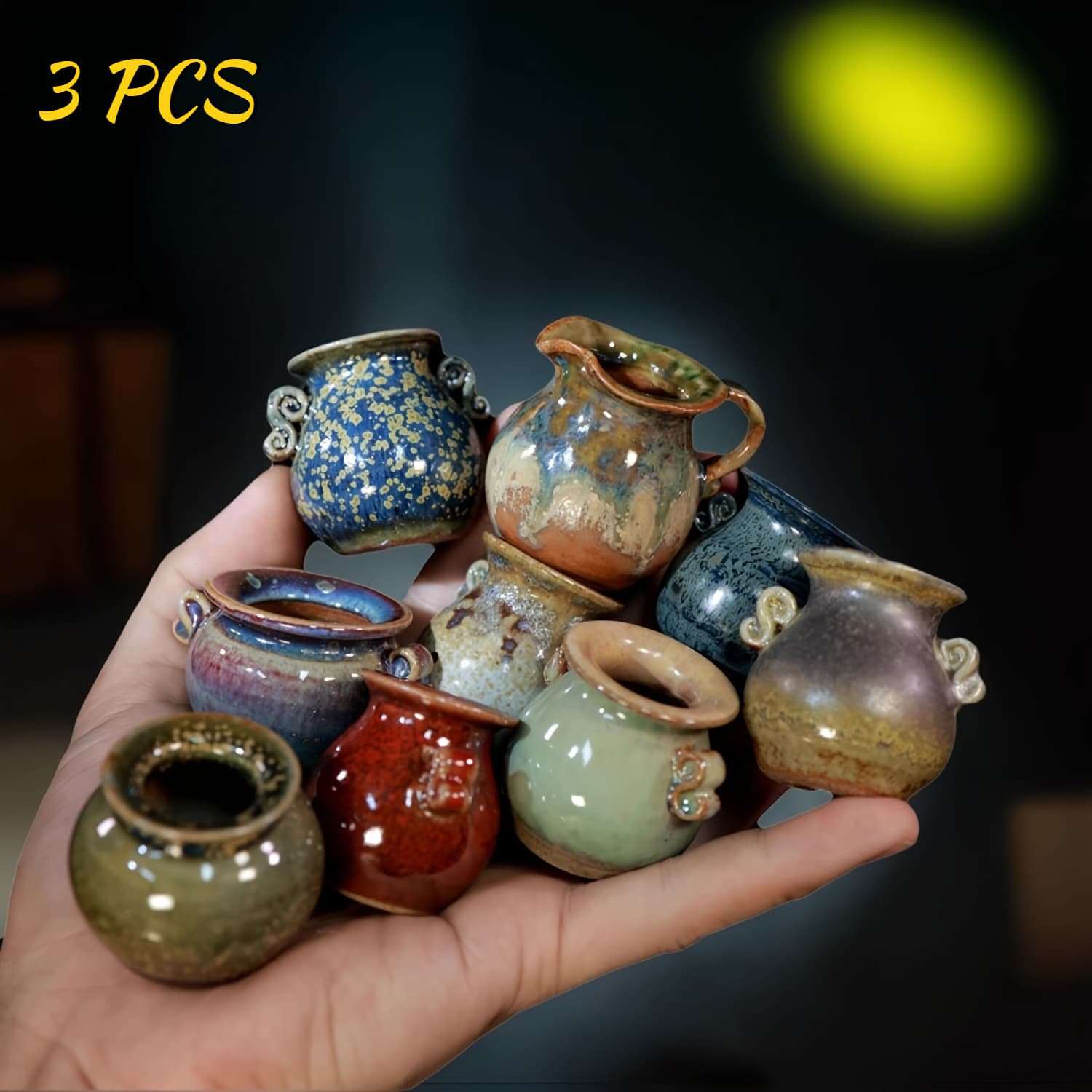 TEMU Random 3pcs Handmade Mini Pot Jingdezhen Kiln Change Binaural Breathable Desktop Ornament Succulent Pot