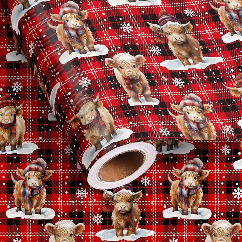 TEMU Large Roll 58"x23" Highland Wrapping Paper - Scottish Cow Design With Red Black , Durable Pp Polypropylene Gift Wrap Suitable For Kids Boys Girls, Scottish-themed Parties