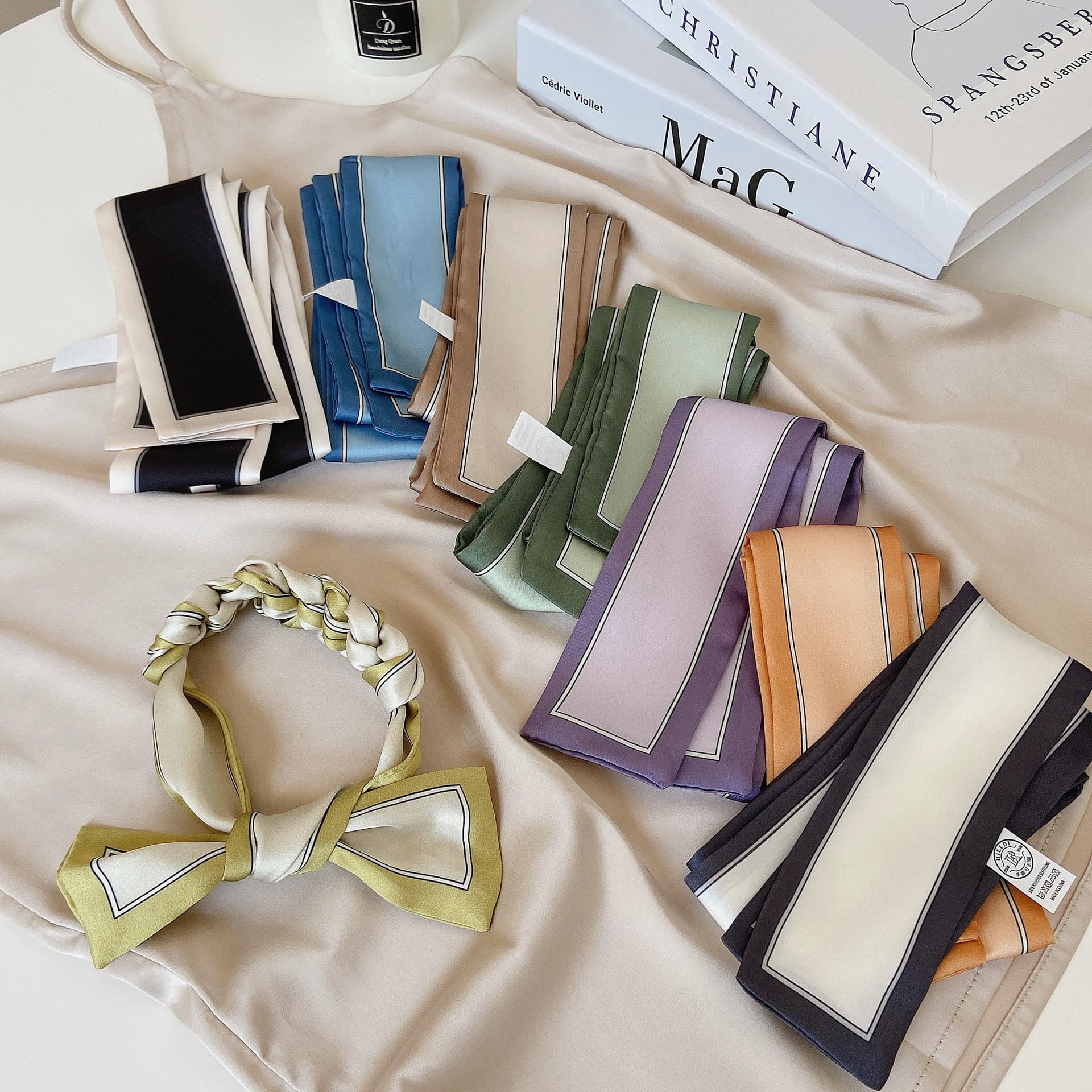 TEMU 8pcs / 1 Set Of Candy Color Narrow Long Striped Small Scarves For Women, Hair Ties, Wrist Additions, Neck Ribbons, And Headbands