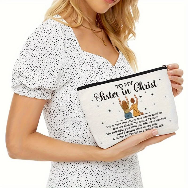 TEMU Single Christian-themed Linen Pouch - Features An Uplifting Design For Sisters In Faith, Free From Fragrances, With A Durable Zipper, Perfect For Storing Religious Jewelry For Women