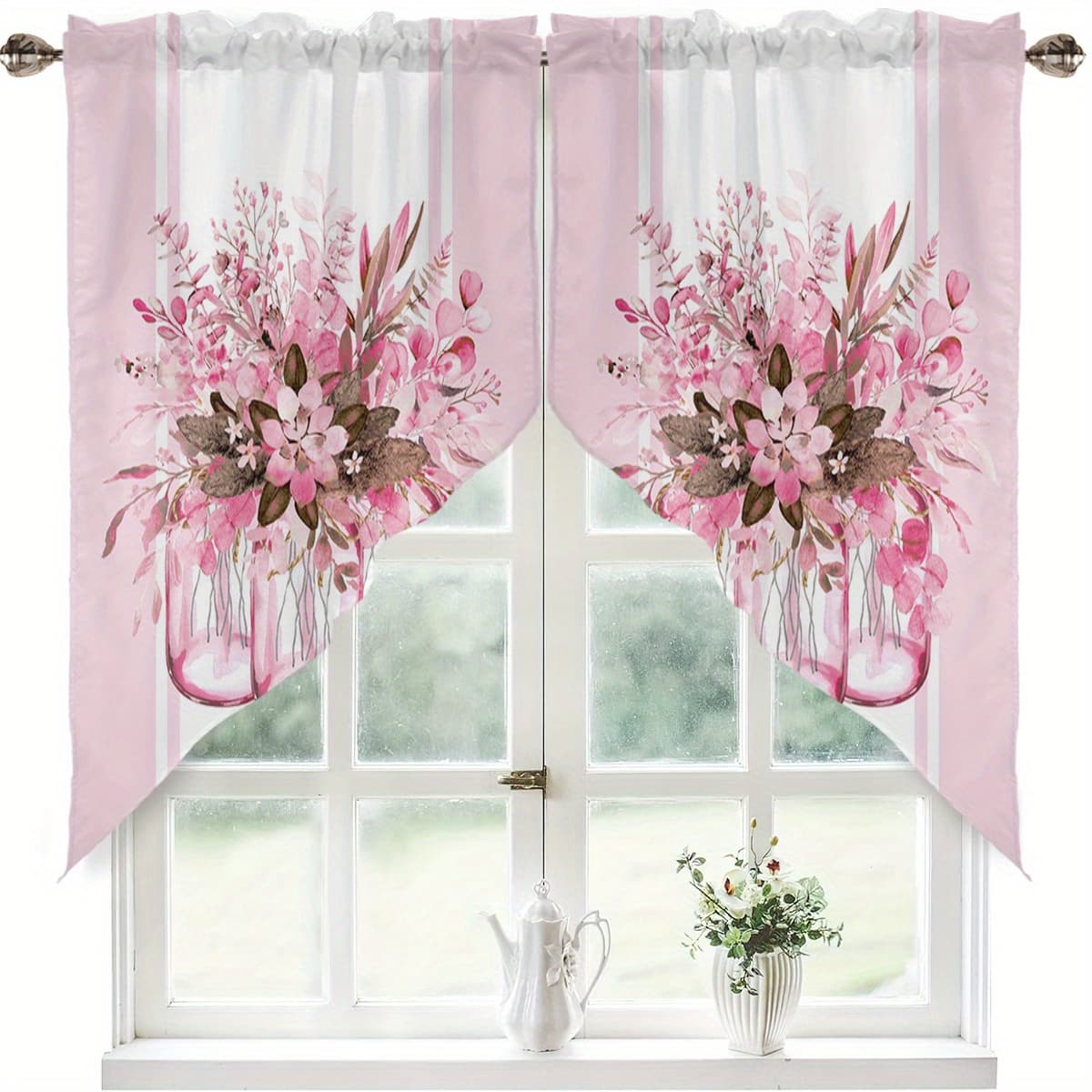 TEMU 2pcs Floral Glass Vase Patterned Bohemian Style Small Curtains, Kitchen Curtain Window Treatments Home Decor For Room Bathroom With Rod Installation