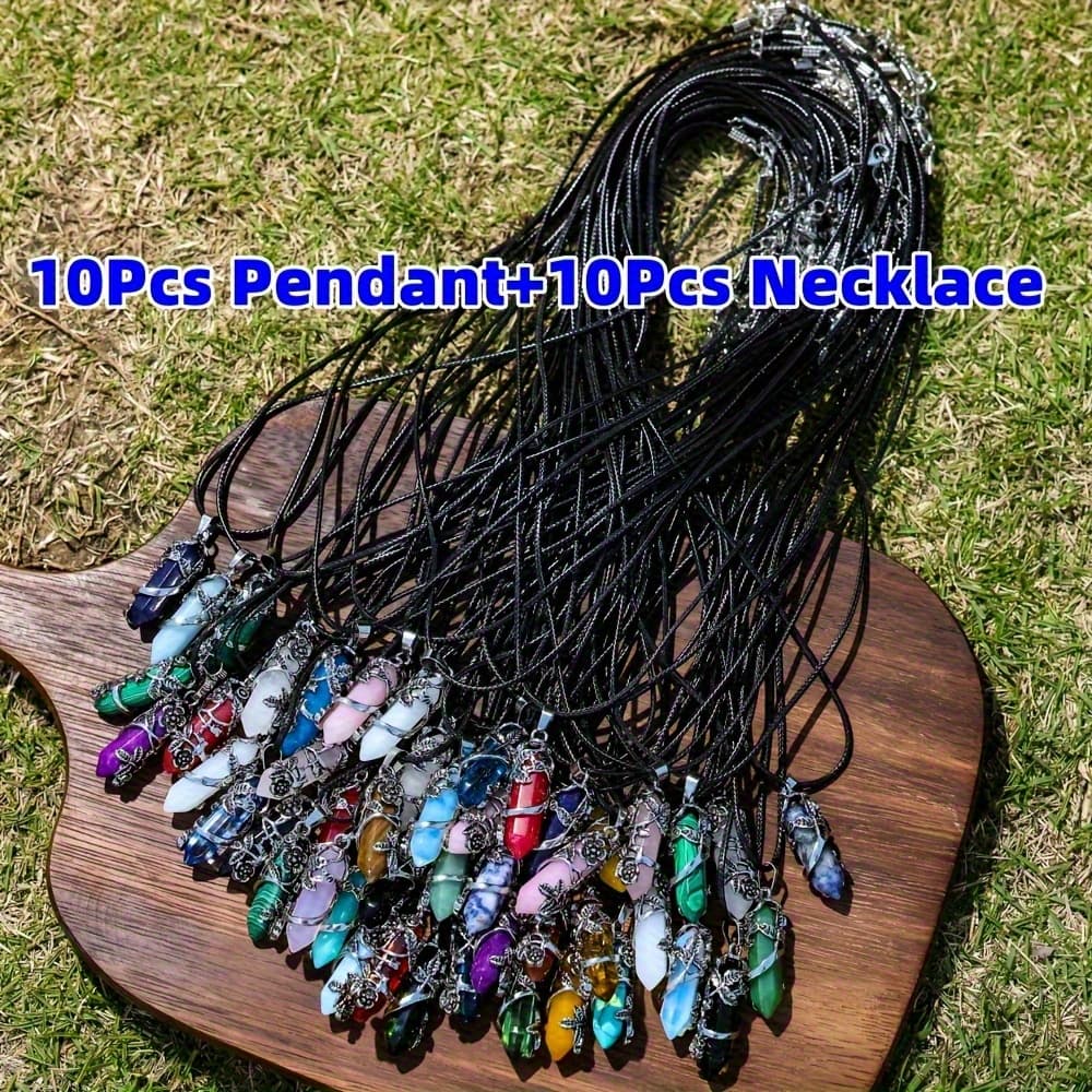 TEMU Set Of 20 Natural Stone Hexagonal Prism Flower Pendants, Featuring 10 Cords For Handmade Necklace Additions And Gifts