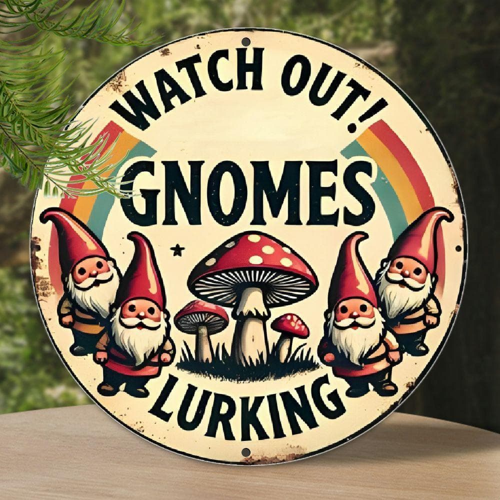 TEMU Vintage "watch Out! Gnomes " Aluminum Wall Sign - Rustic Round Decorative Art, 8x8 Inch, Whimsical Gnome Design With Mushrooms & Rainbow, Room Or Garden Decor