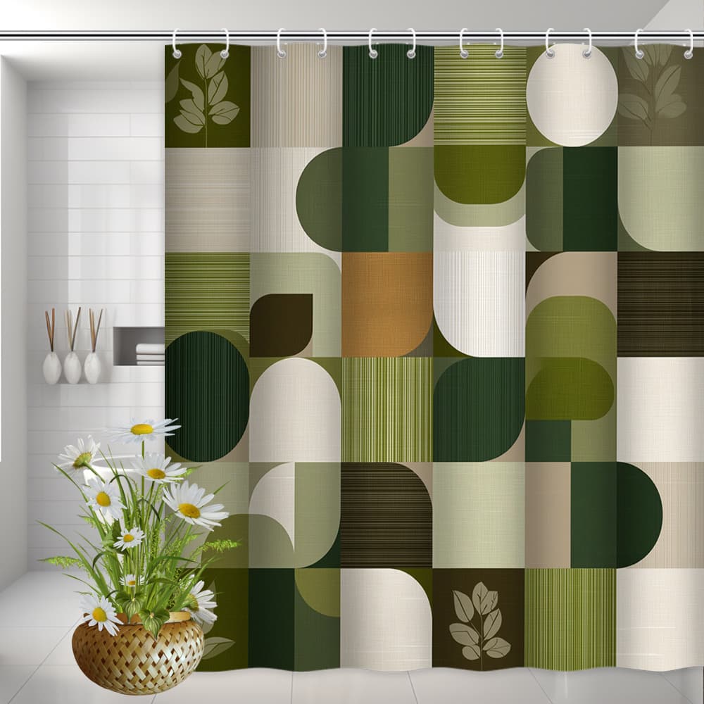 TEMU 1pc A Shower Curtain In Mid-century Featuring Olive Green, Beige, And Brown Overlapping And Rectangles. It Has A Textured Layered Grid Pattern, Comes With 12 Hooks, Measures By Inches
