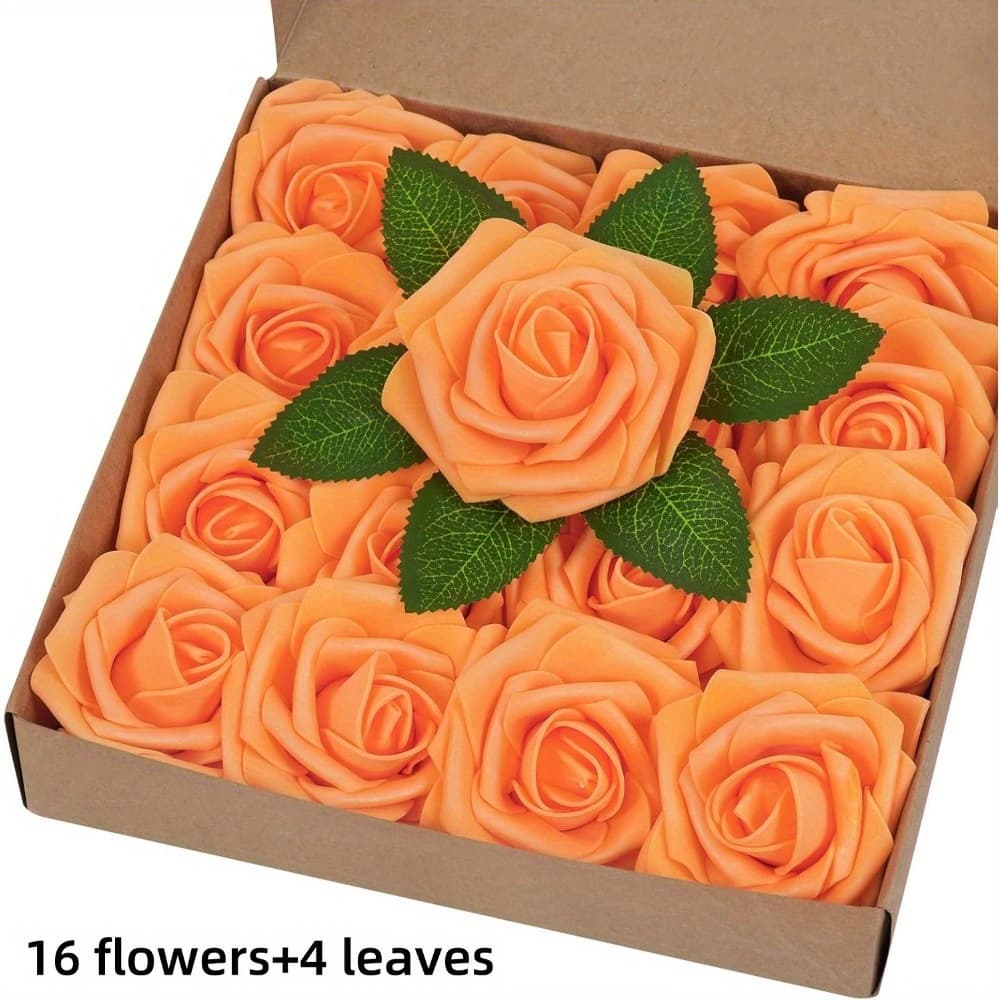 TEMU 20pcs Set Of 16 Artificial Roses With Stems, 4pcs Foam Roses With Leaves, For Bouquet Center, Wedding Party Decoration, Shower Decoration (box Not Included)