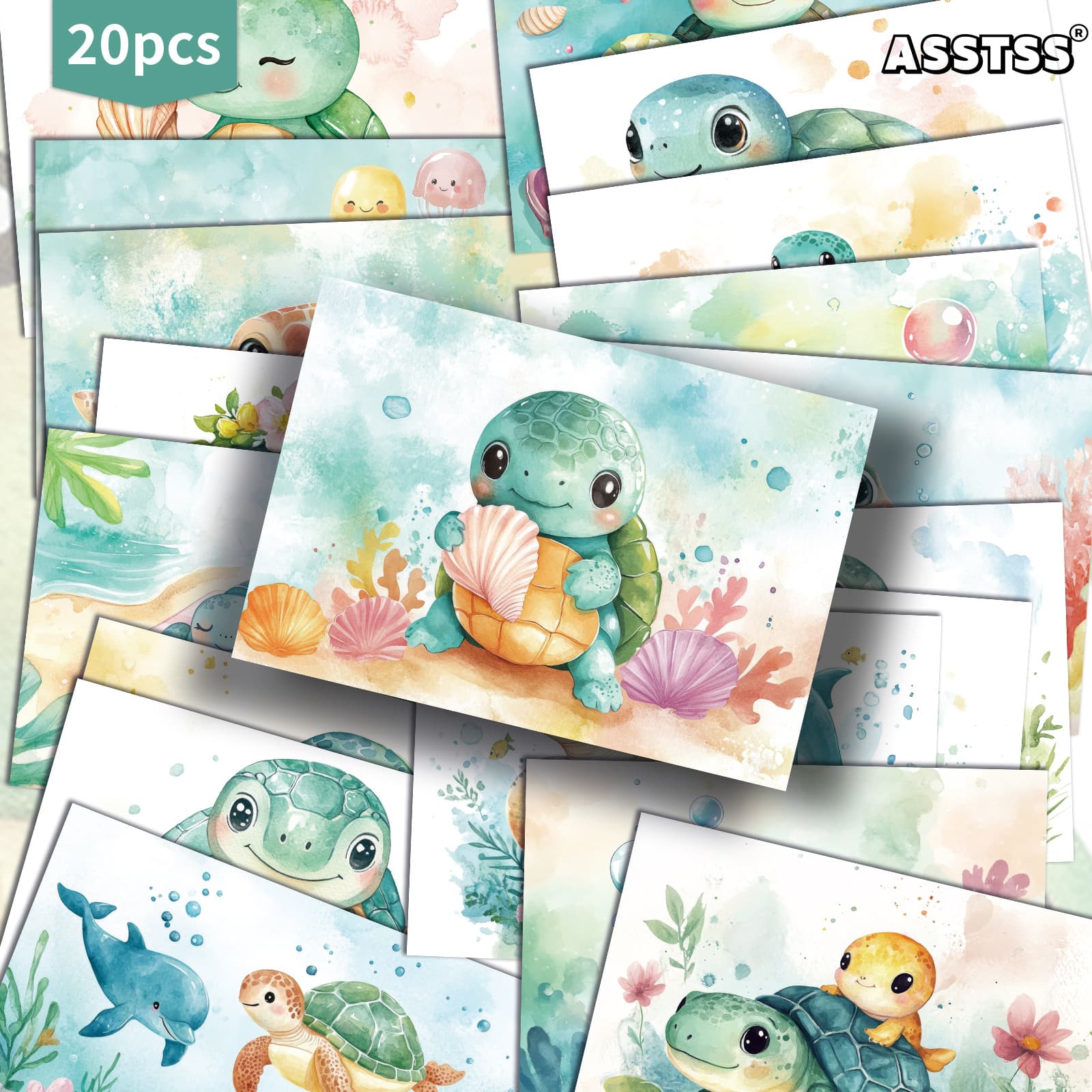TEMU 20-pack Asstss Summer Cartoon Turtles Postcards - 4x6 Inches Junk Journal Supplies Paper, Scrapbooking Supplies, Collectible Decorative Painting Cards For Scrapbooking & Crafting