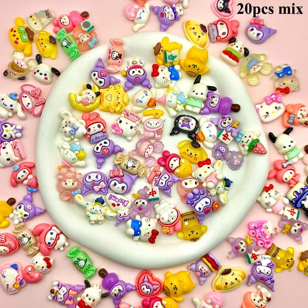 TEMU 20pcs Of Characters Including Kuromi, Melody, Cinnamoroll, And Pompom Hello Kitty Cartoon Resin Additions, Suitable For Making Jewelry, Pendants, Hair Clips, And Headband Materials