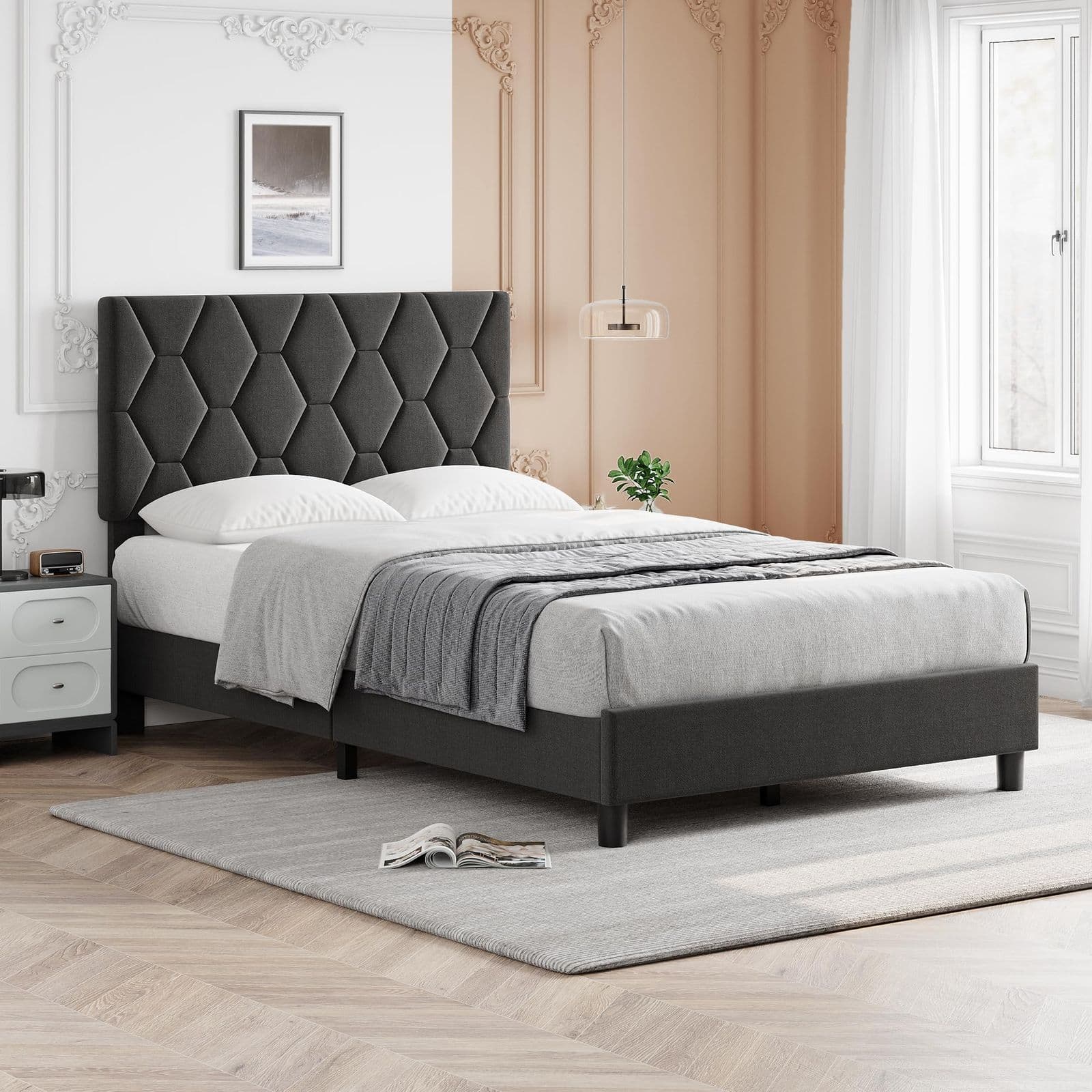 TEMU Twin Size Platform Bed Frame With Upholstered Headboard - Adjustable Headboard, Noise-free, Wood Slat Support & Sturdy Metal Frame, Grey Fabric Bed For,, Small Spaces -
