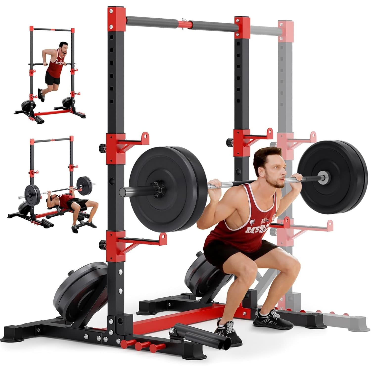 TEMU Adjustable Squat Rack With & Dip Bars, Multi-functional Power Rack Squat Stand For Home Gym, Basement & Garage, 55"-67" Width, 28"-32" Height, Fits 6ft & 7ft Barbells