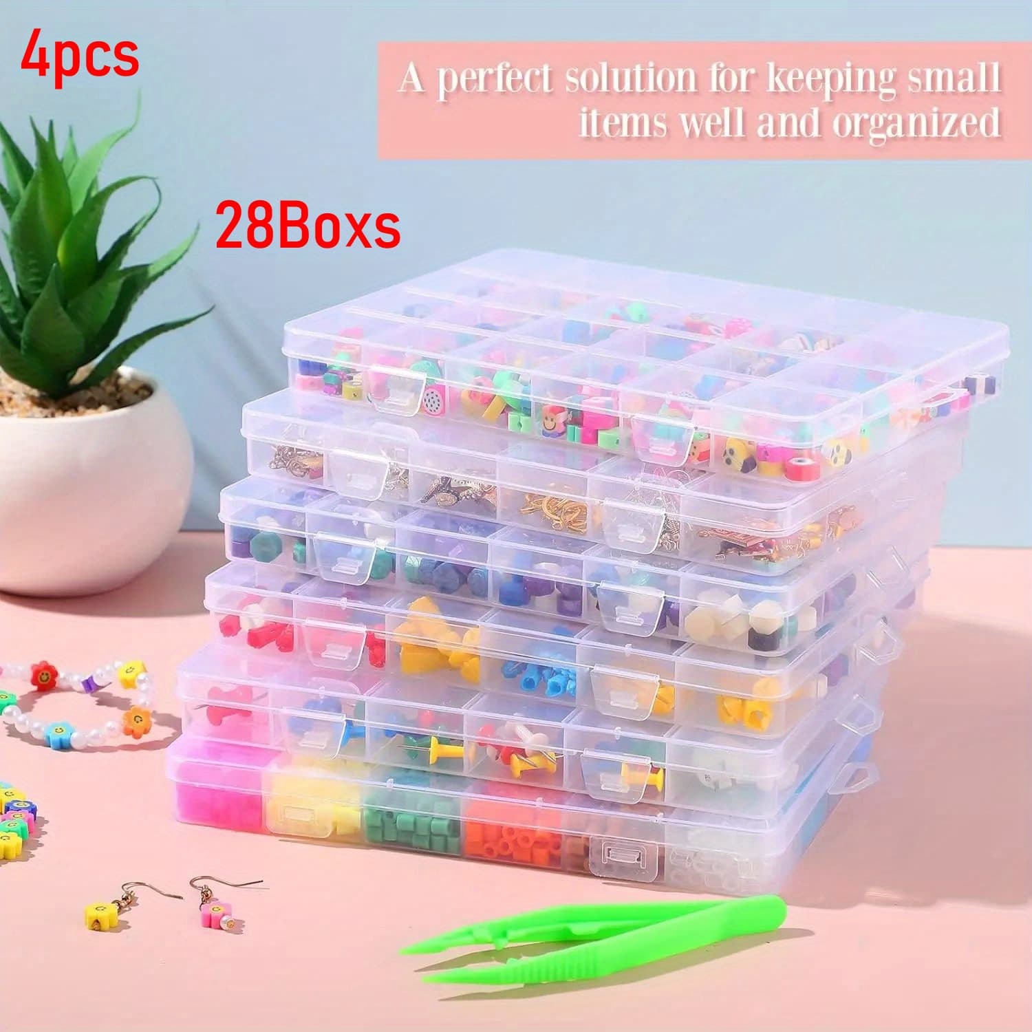 TEMU 28-slot Transparent Storage Box 4-pack: Stackable Bead And Jewelry Organizer With Secure Lids, Lightweight Craft Supply Case For Easy Organization