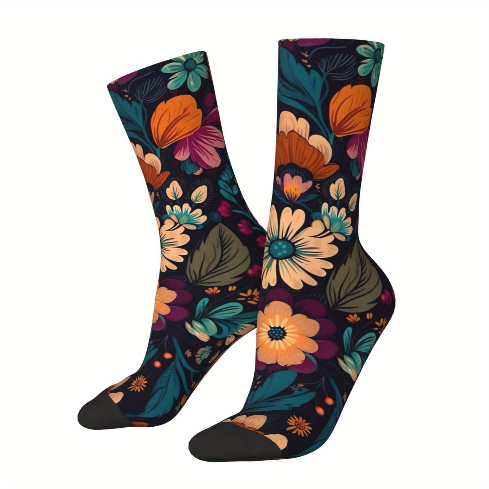 TEMU Women's Outdoor Socks With Floral Print - Made Of 95% And 5%, Machine Washable, Perfect For Outdoor Sports Enthusiasts, Comfortable And Breathable, Stylish