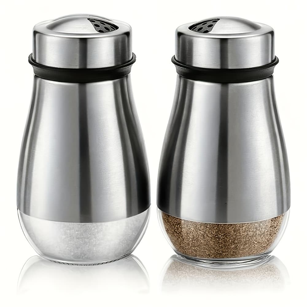 TEMU 2pcs Adjustable Spout Salt And Pepper Shakers- Replaceable Stainless Steel And Glass Seasoning Shakers, Suitable Kitchen And Restaurant Use