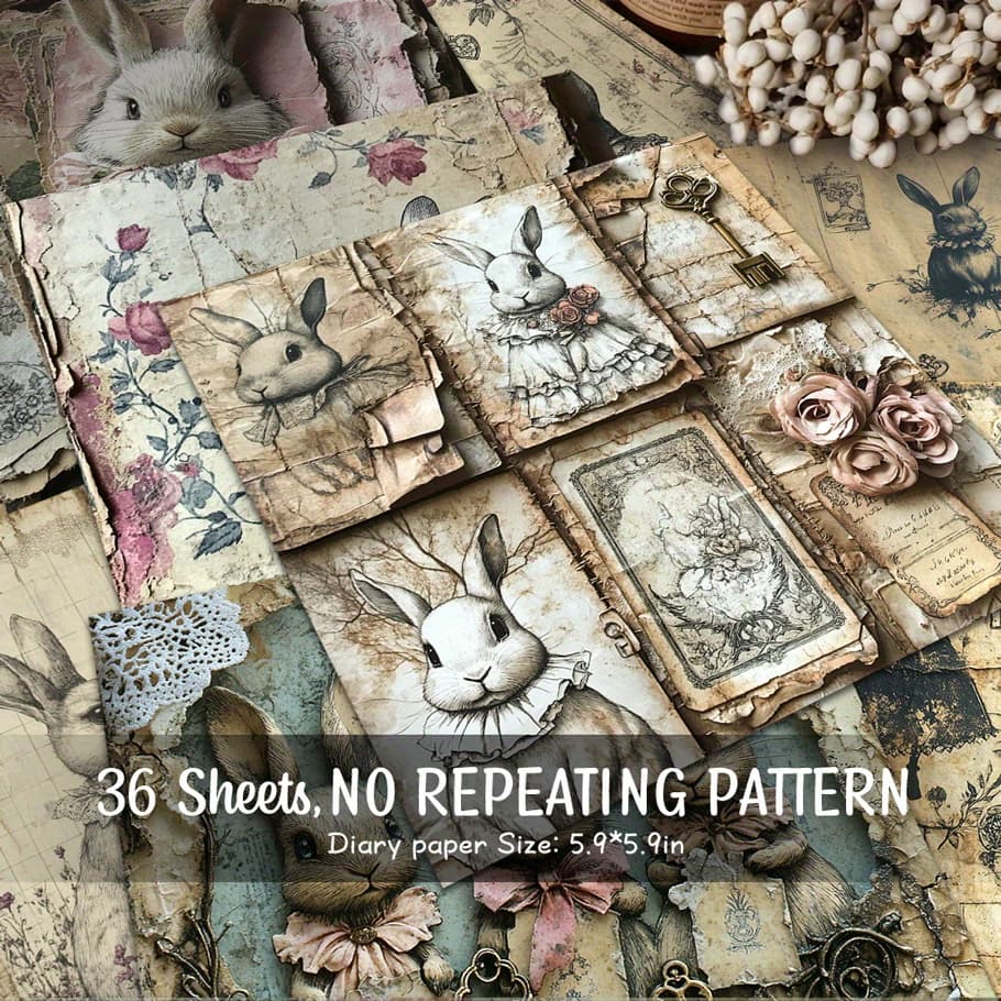 TEMU 36 Vintage Paper Sheets Featuring Shadow Rabbits And Lace Collars, Perfect For Backgrounds In Scrapbooks, Junk Journals, And Decorative Projects