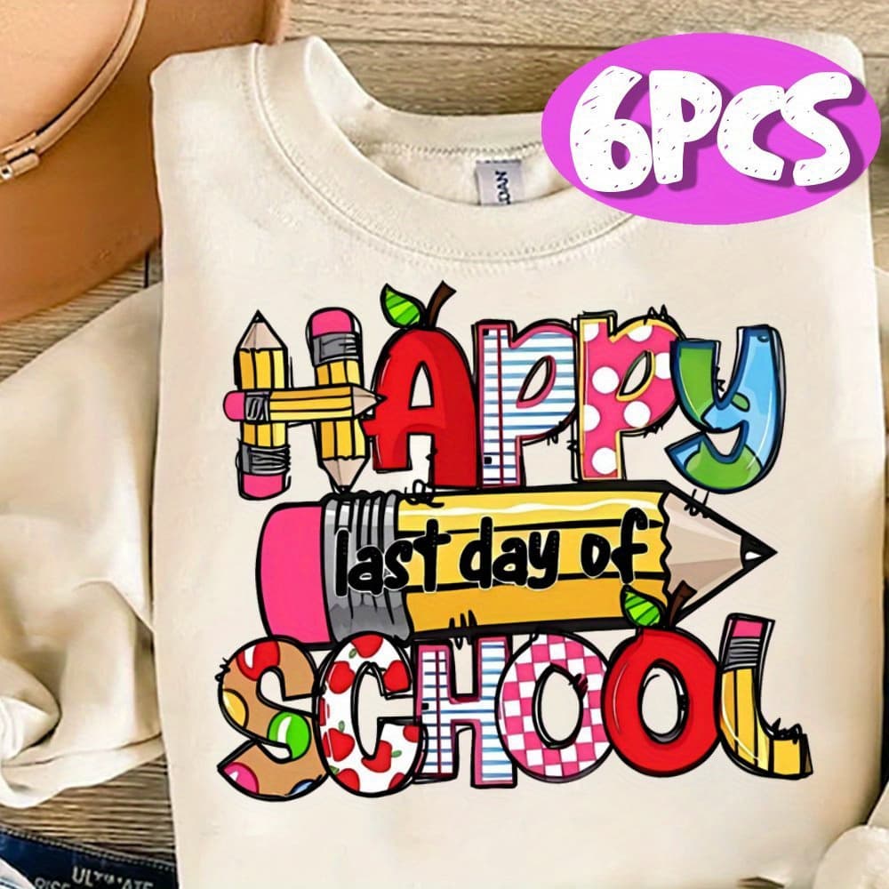 TEMU 6pcs Back To Heat Transfer Stickers- Diy Heat Press Stickers, Suitable For T-shirts, Bags And Luggage| Cute And Fashionable Design