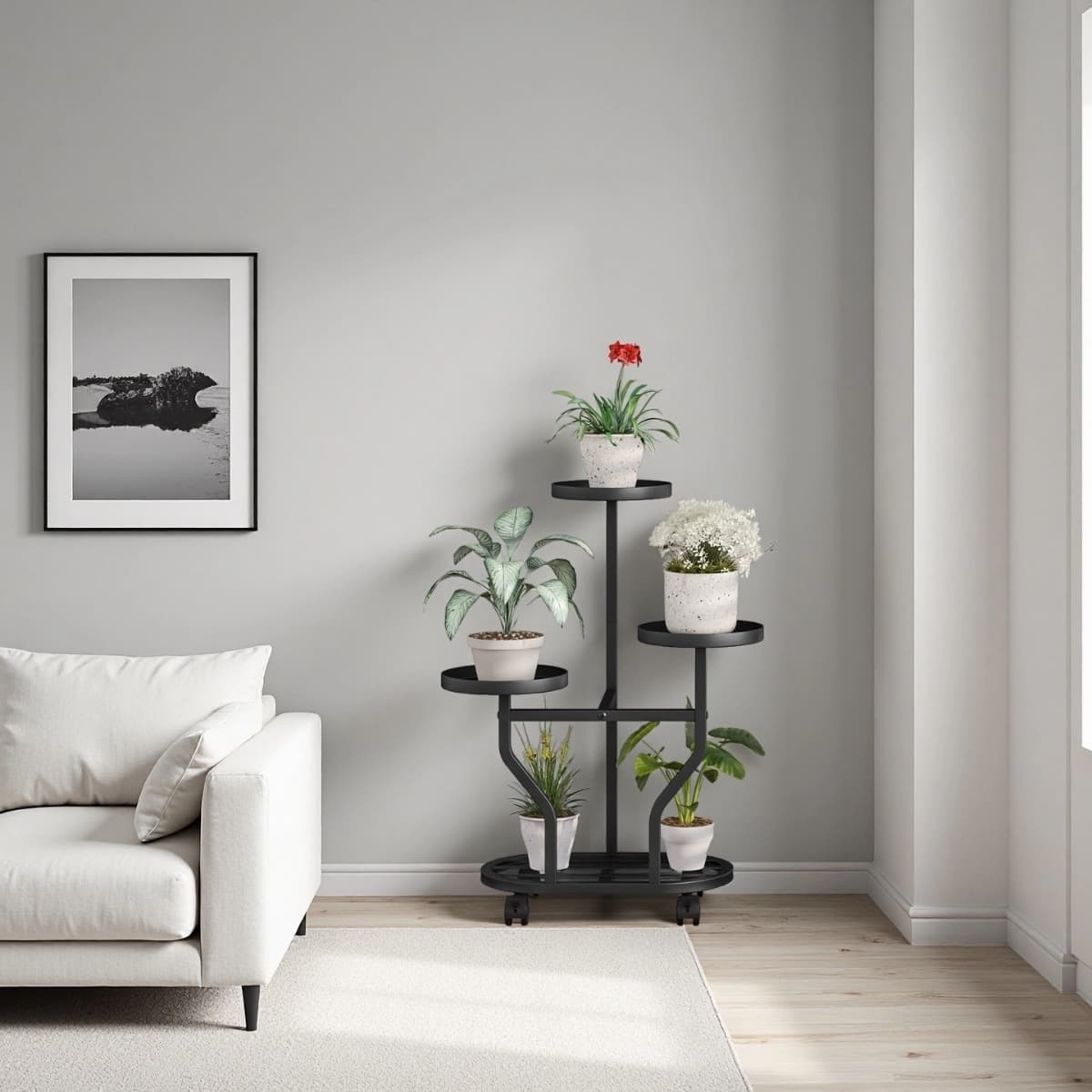 TEMU Four-level Plant Display With Wheels, Metal Rack Suitable For Indoor And Outdoor Plants, Corner Shelf For Flowers In Living Rooms And Bedrooms