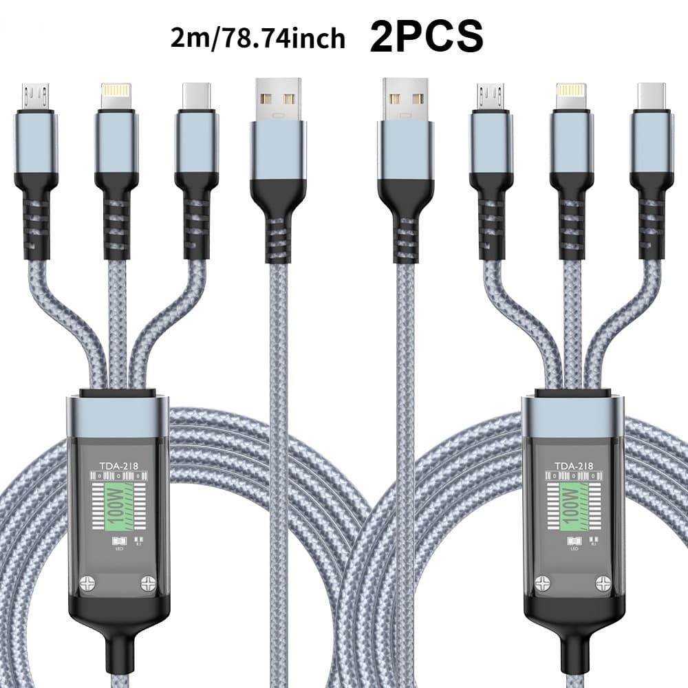 TEMU 2pcs, 2m/ 6.5ft 3-in- Cable Set, 100w Fast Charging Nylon Braided Cable, Supports Charging For 3 Devices Simultaneously (, Huawei, Xiaomi), Via Type-c, Micro-usb, And .