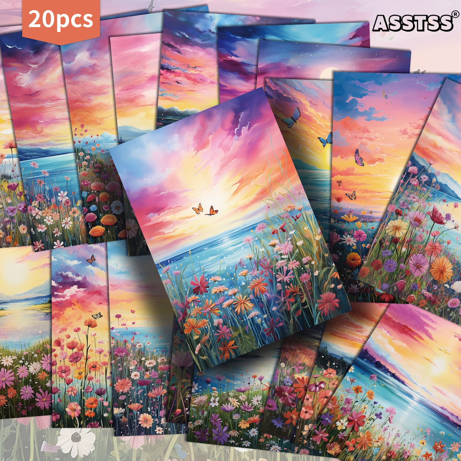 TEMU 20-pack Asstss Watercolor Flowers Sunset Scenery Gift Card - 4x6 Inches Junk Journal Paper Classic Pinup Illustrations Collectible Decorative Painting Cards For Scrapbooking & Crafting