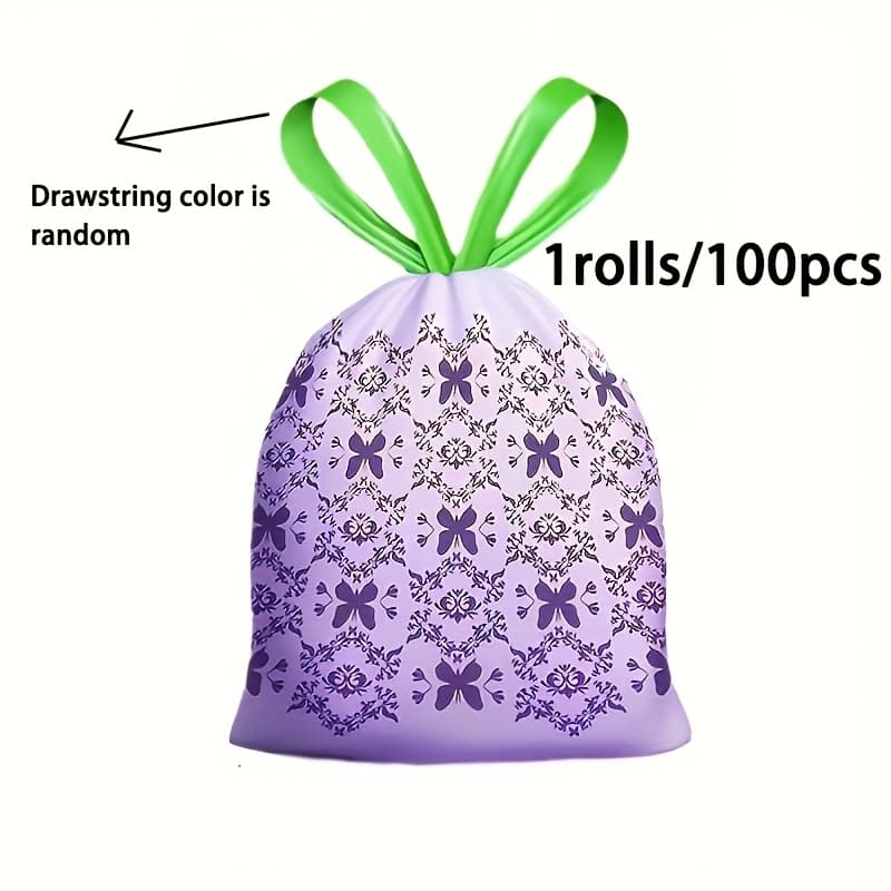 TEMU 1 Roll Of 100 Lavender Scented Drawstring Trash Bags, Thick Large Size, High-density Polyethylene Disposable Bags, Suitable For Kitchen, Bathroom, Bedroom, Living Room, And Toilet