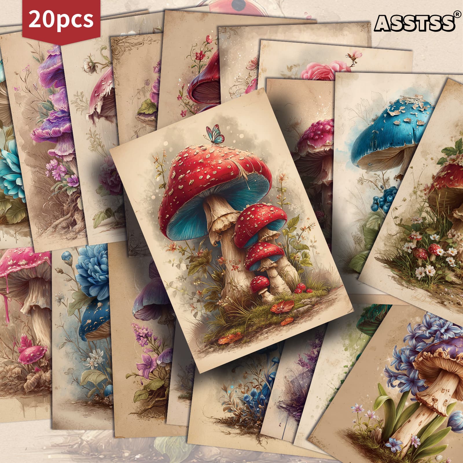 TEMU Set Of 20 Assorted Retro Fantasy Colorful Mushroom Gift Cards - Measuring 4x6 Inches, Featuring Classic Pinup Illustrations, Scrapbooking And Crafting As Collectible Decorative Art Cards