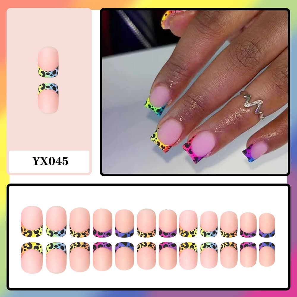 TEMU 24pcs Frosted French Colorful Leopard Print Short Square Nail False Nails Press On Nails