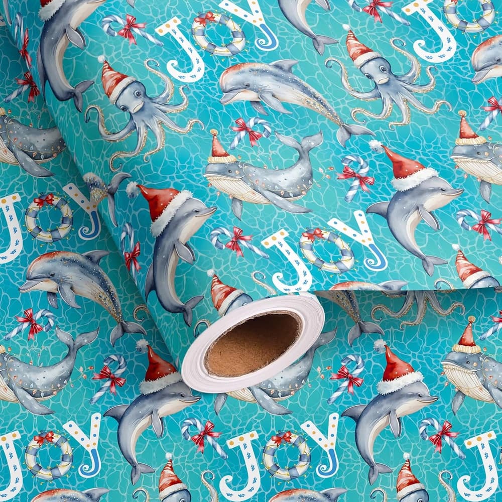 TEMU 1 Roll Ocean Christmas Wrapping Paper With Santa Hats - , Shark, Octopus, Dolphin & Seahorse Theme Gift Wrap For , Large 58x23 Inch Party Supplies, Diy Crafts (pink/blue/yellow)